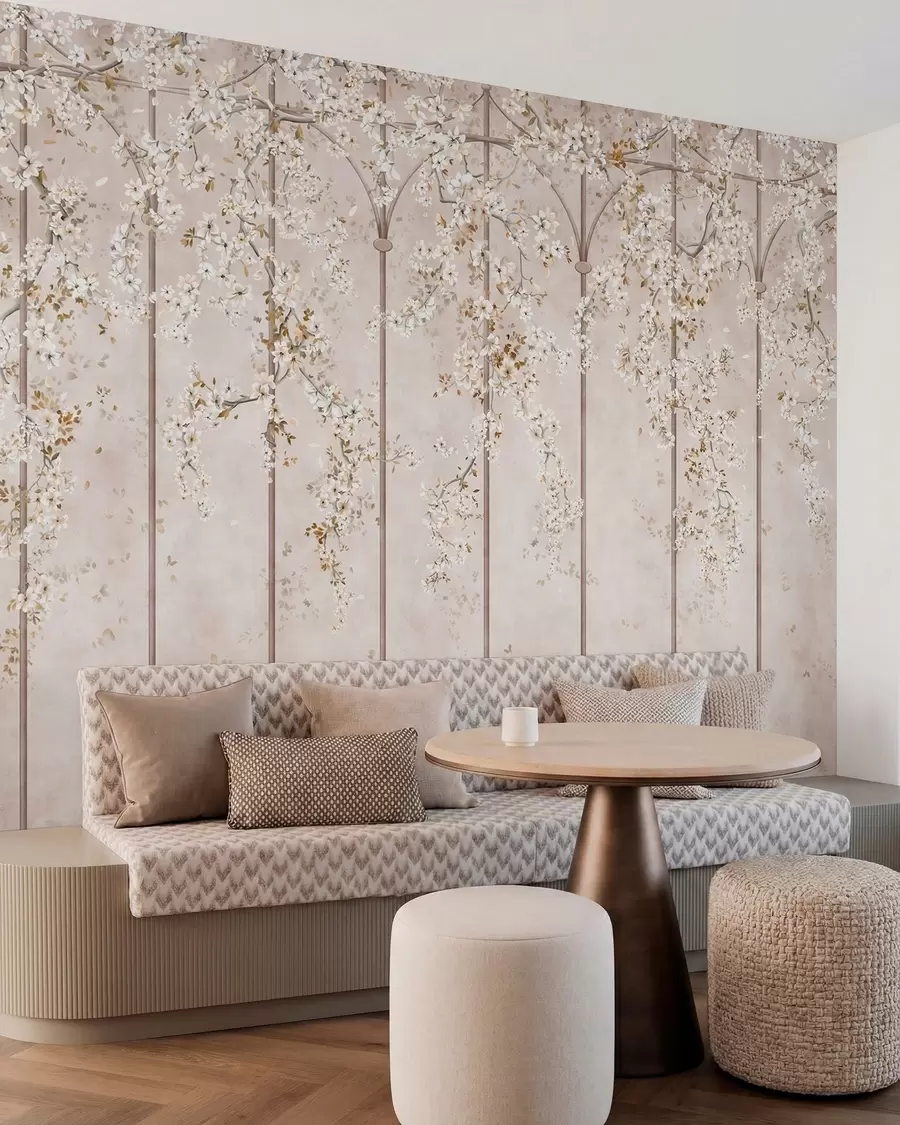 murales de pared Ramas blancas en flor sobre un enrejado decorativo w05923