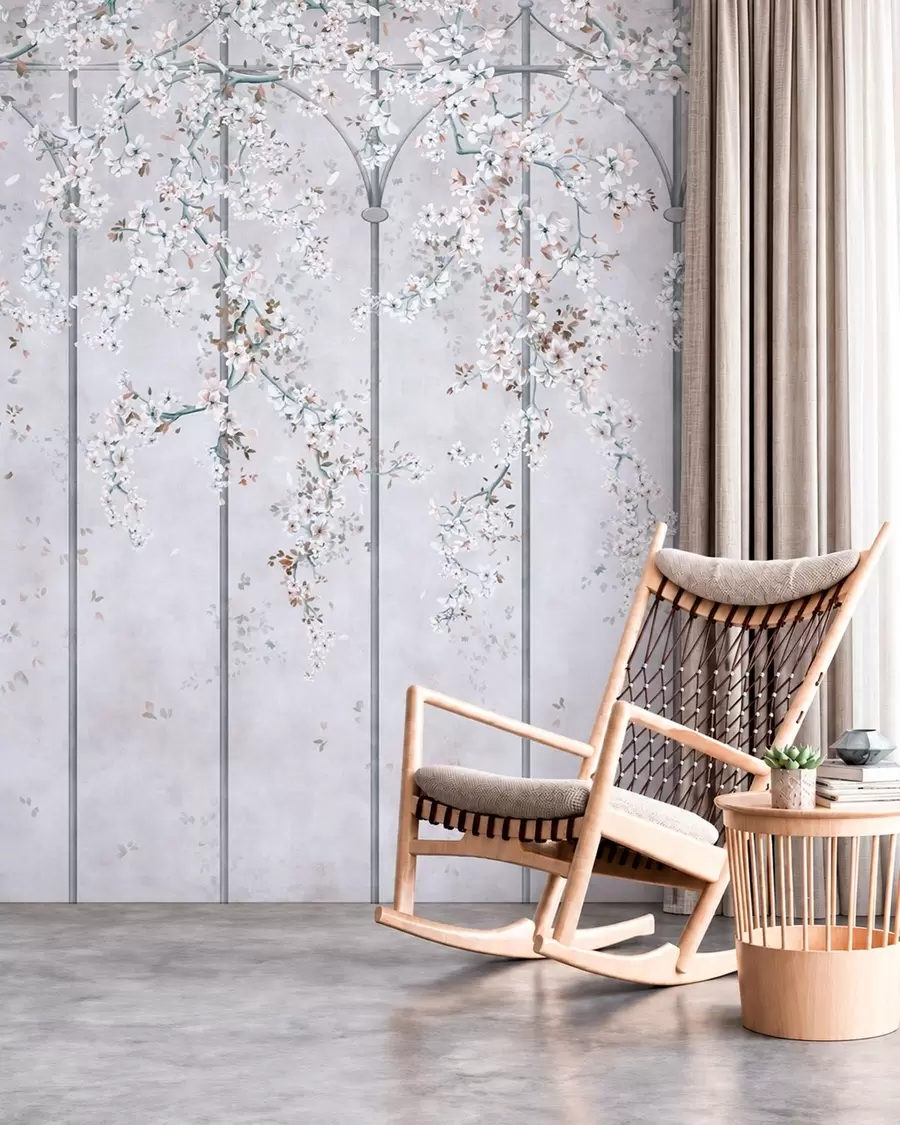 murales de pared Ramas con flores blancas sobre un enrejado decorativo azul y gris w05923v1