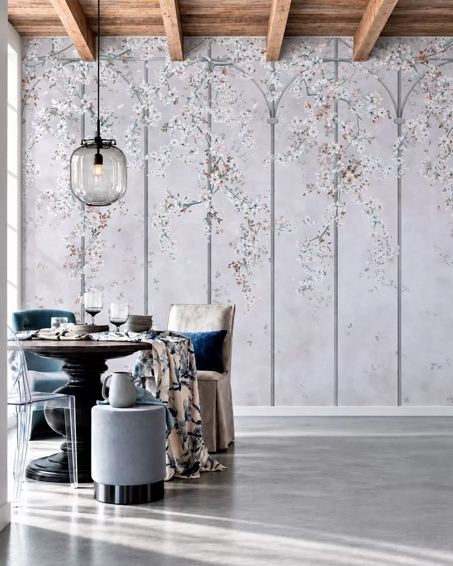 murales de pared Ramas con flores blancas sobre un enrejado decorativo azul y gris w05923v1
