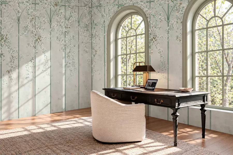 murales de pared Ramas con flores blancas sobre un enrejado decorativo verde w05923v2