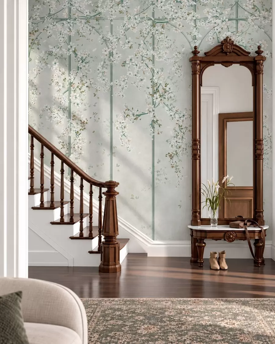 murales de pared Ramas con flores blancas sobre un enrejado decorativo verde w05923v2