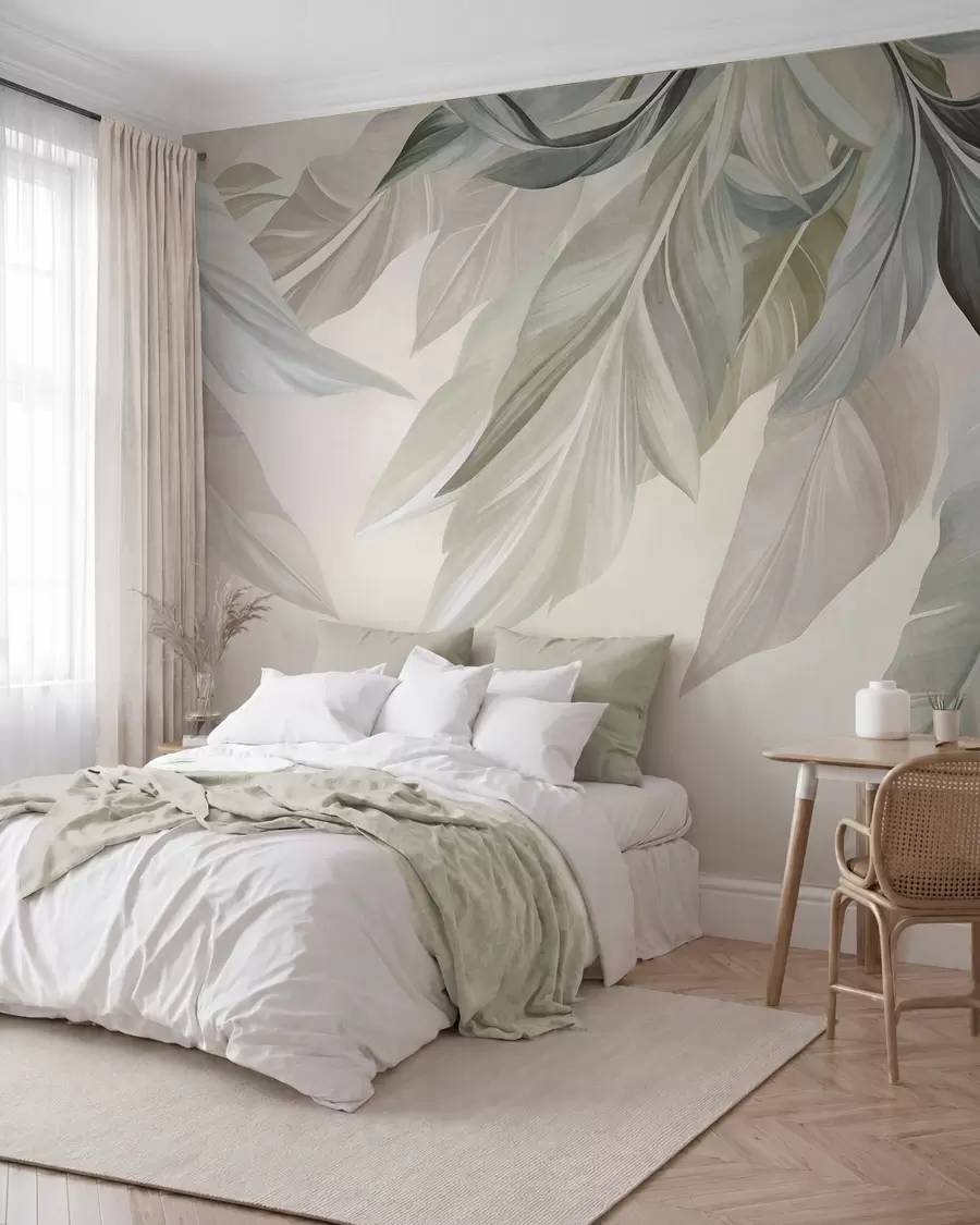 murales de pared Hojas tropicales, grandes, en tonos verdes apagados, beige y rosa; fondo claro y con textura w10054