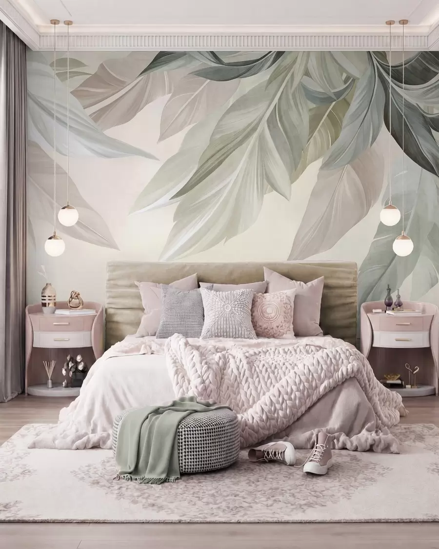murales de pared Hojas tropicales, grandes, en tonos verdes apagados, beige y rosa; fondo claro y con textura w10054