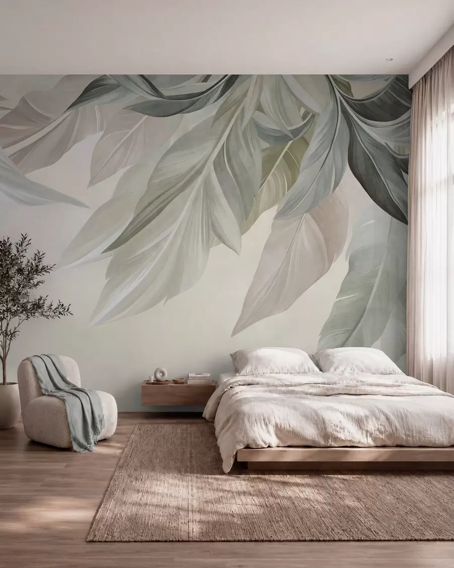 murales de pared Hojas tropicales, grandes, en tonos verdes apagados, beige y rosa; fondo claro y con textura w10054