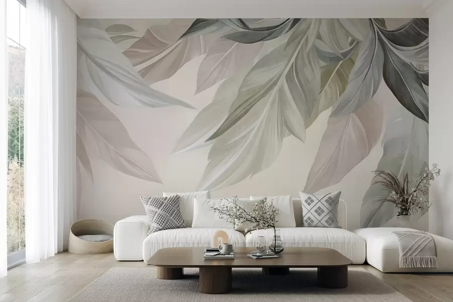 murales de pared Hojas tropicales, grandes, en tonos verdes apagados, beige y rosa; fondo claro y con textura w10054