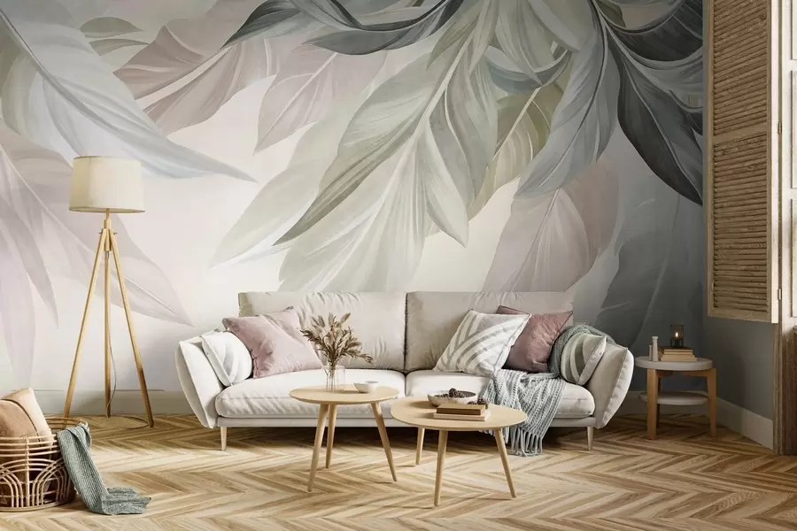 murales de pared Hojas tropicales, grandes, en tonos verdes apagados, beige y rosa; fondo claro y con textura w10054