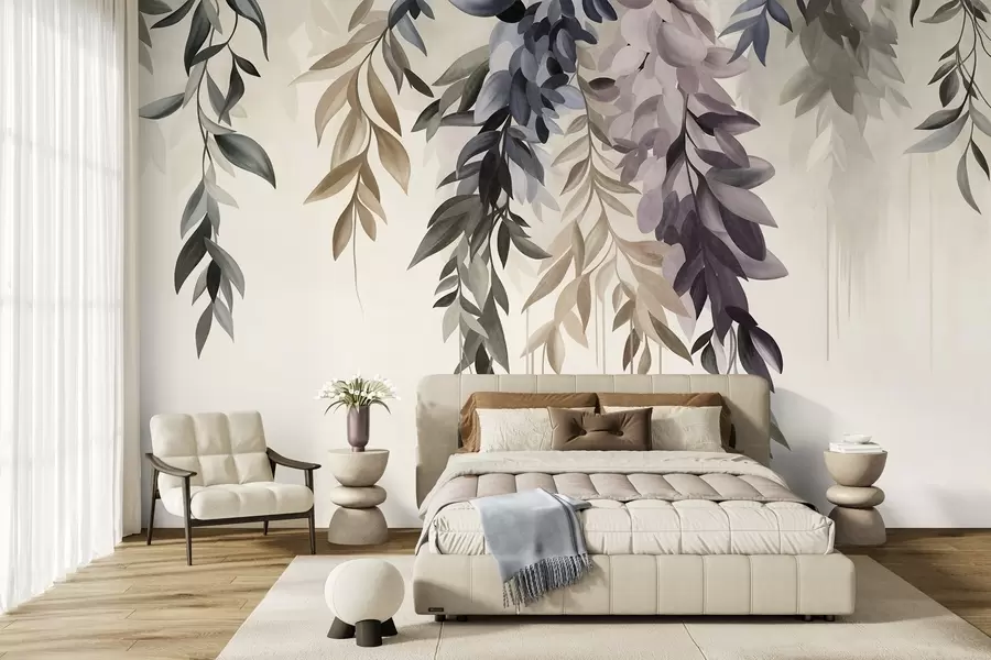 murales de pared Hojas abstractas colgantes en tonos morados, azules y beige, con tallos largos y finos w10057