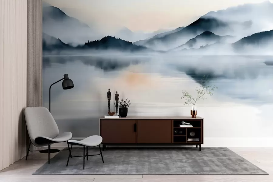murales de pared Un lago con un telón de fondo de montañas envueltas en niebla, en estilo acuarela w10078
