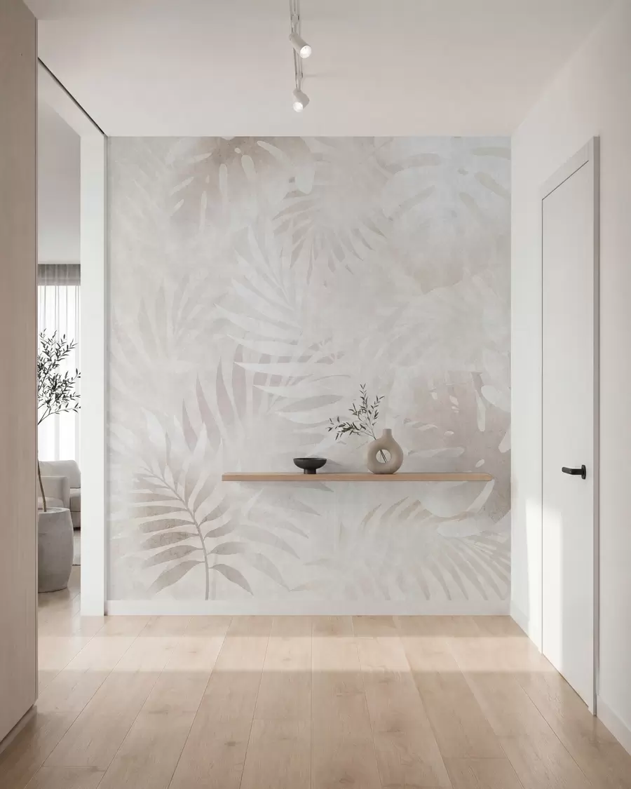 murales de pared Hojas tropicales con efecto grunge en tonos beige difuminados w10080