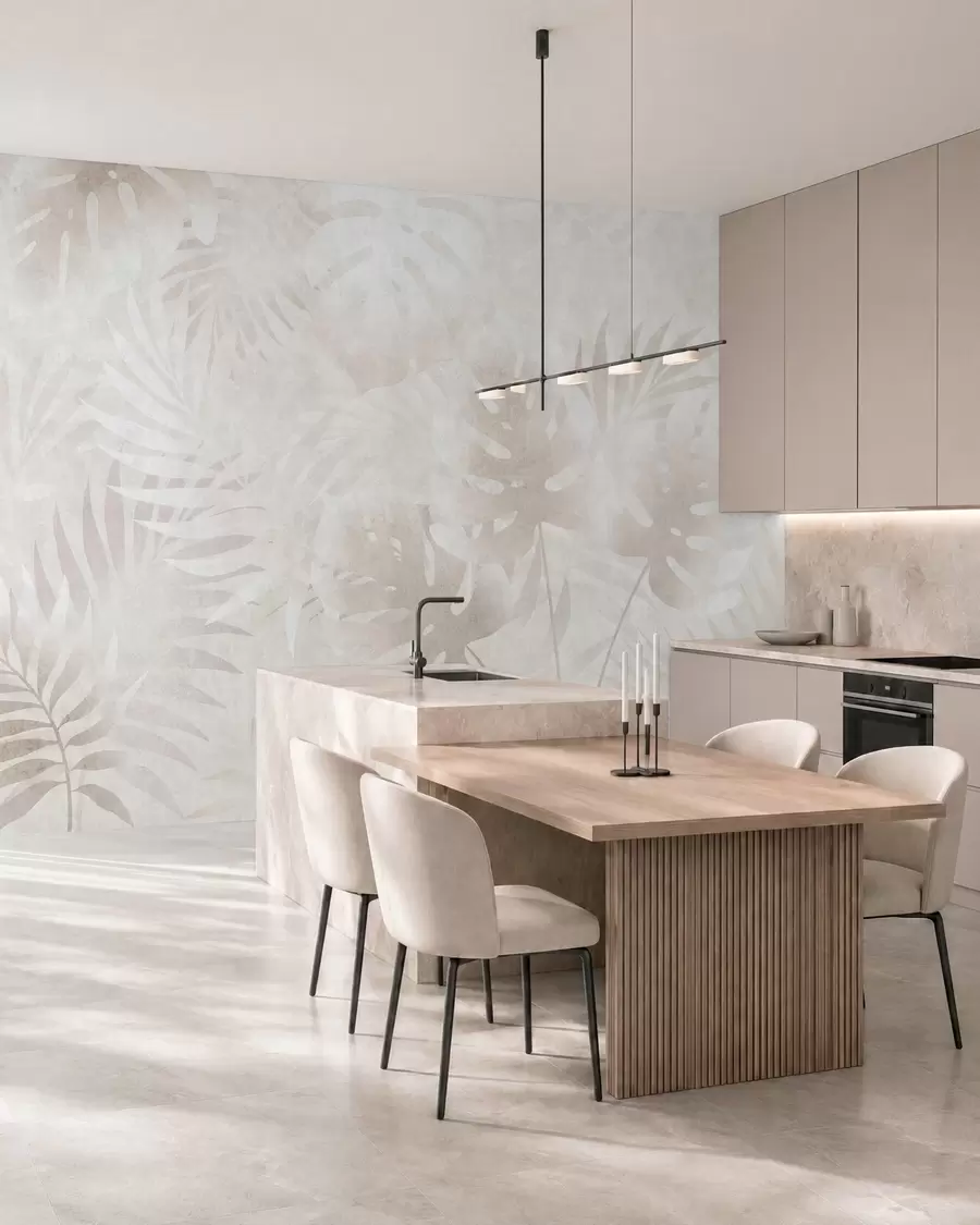 murales de pared Hojas tropicales con efecto grunge en tonos beige difuminados w10080