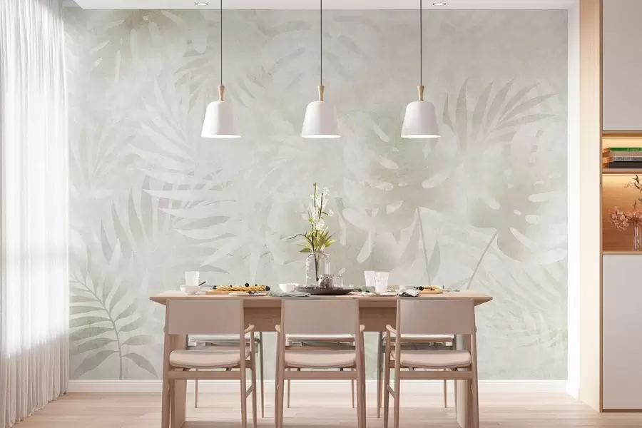 murales de pared Hojas tropicales con efecto grunge en tonos beige neutros w10080v1