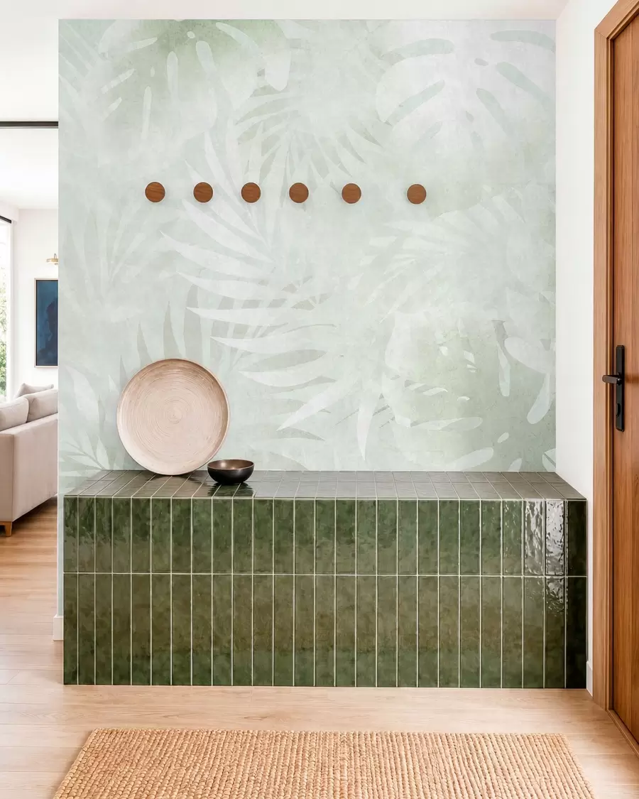 murales de pared Hojas tropicales con efecto grunge en tonos verdes w10080v2