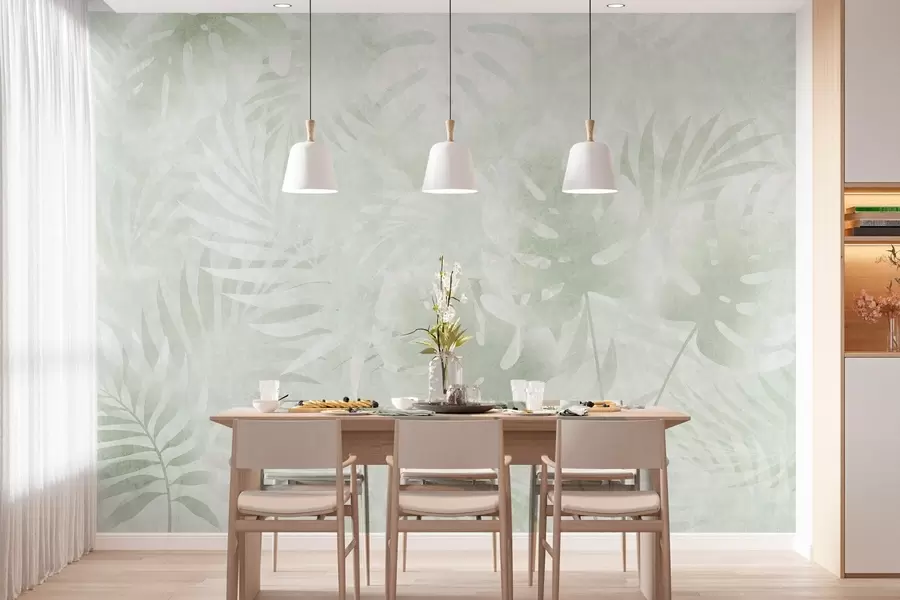 murales de pared Hojas tropicales con efecto grunge en tonos verdes w10080v2