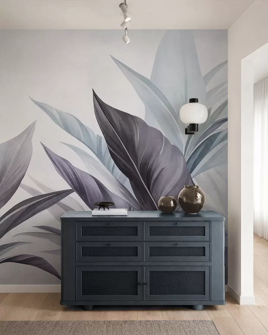 murales de pared Hojas tropicales en tonos azules y grises, con textura y de gran tamaño, arte moderno w10055v1