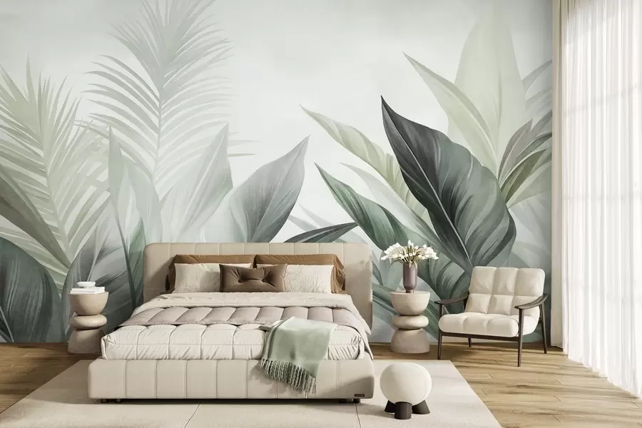 murales de pared Hojas tropicales en tonos verdes, con textura y de gran tamaño, arte moderno w10055v2