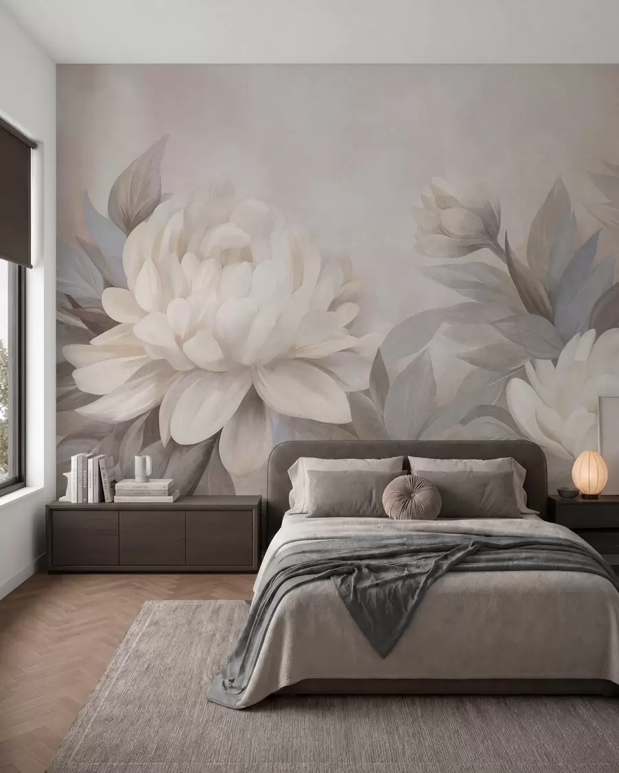 murales de pared Peonías con textura y hojas en tonos apagados, sobre un fondo en suaves tonos pastel w10061