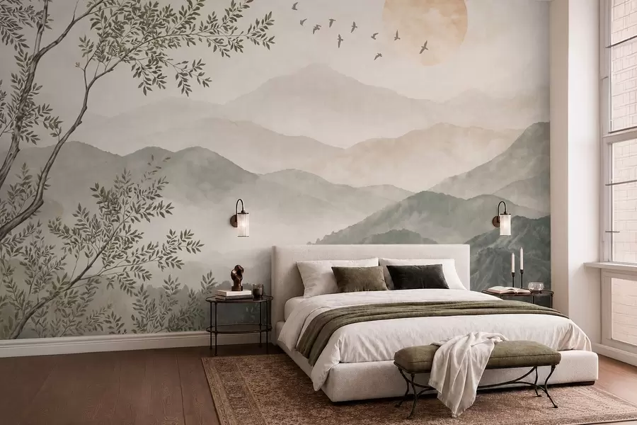 murales de pared Paisaje de montaña con un árbol, pájaros y el sol w05924