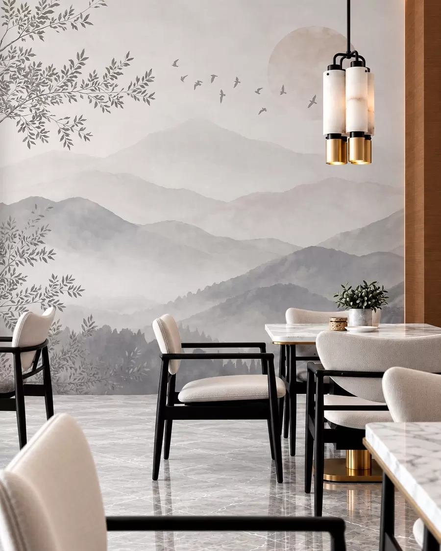 murales de pared Paisaje montañoso de tonos pálidos con un árbol y pájaros w05924v2
