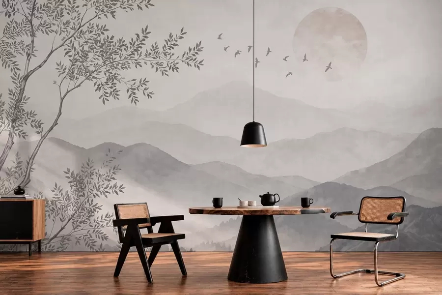 murales de pared Paisaje montañoso de tonos pálidos con un árbol y pájaros w05924v2