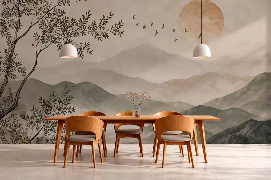 murales de pared Cordilleras con un árbol, pájaros y el sol w05924v3