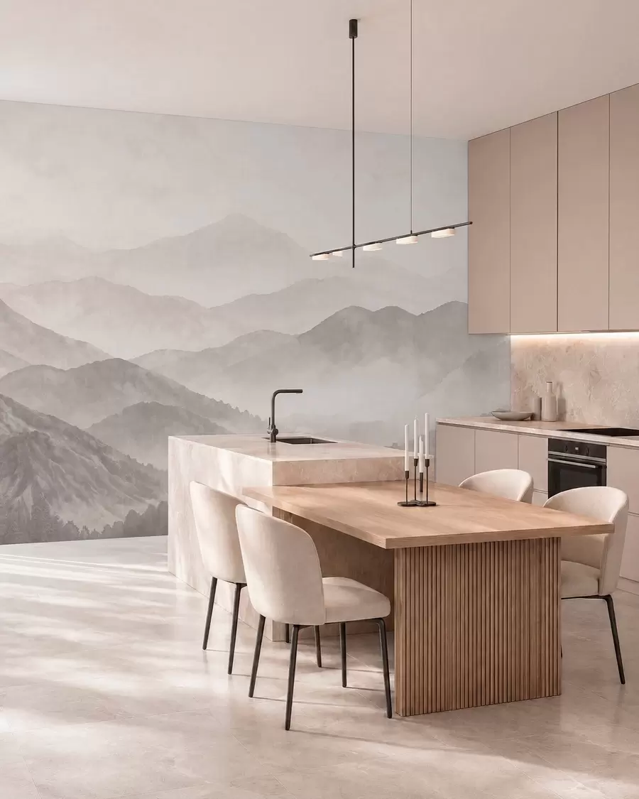 murales de pared Montañas brumosas en suaves tonos neutros w05925v1