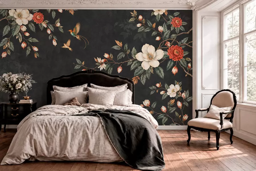 murales de pared Ramas en flor y dos pájaros sobre un fondo oscuro w05927