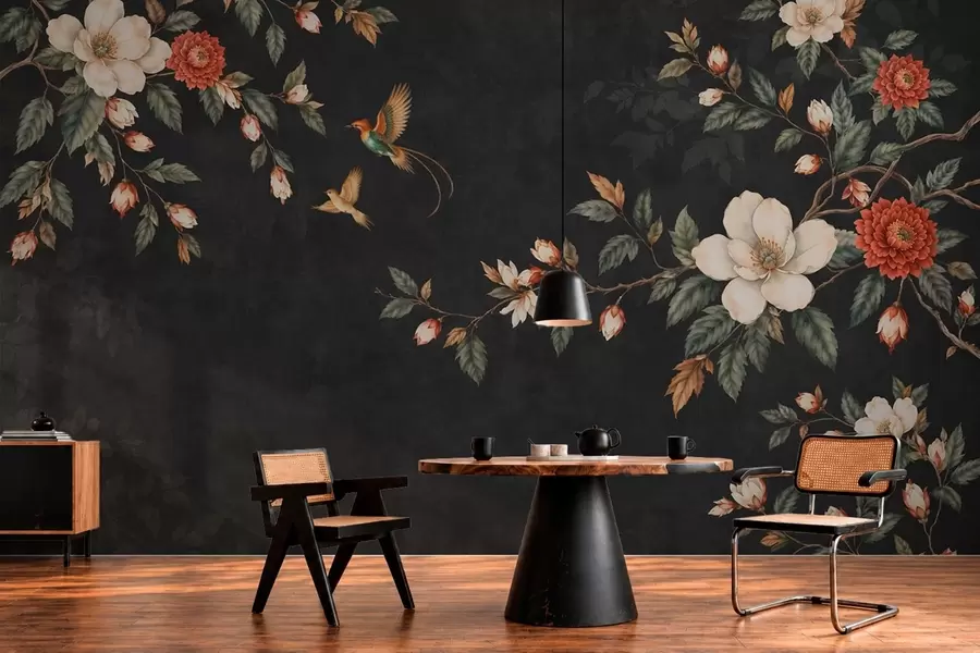 murales de pared Ramas en flor y dos pájaros sobre un fondo oscuro w05927