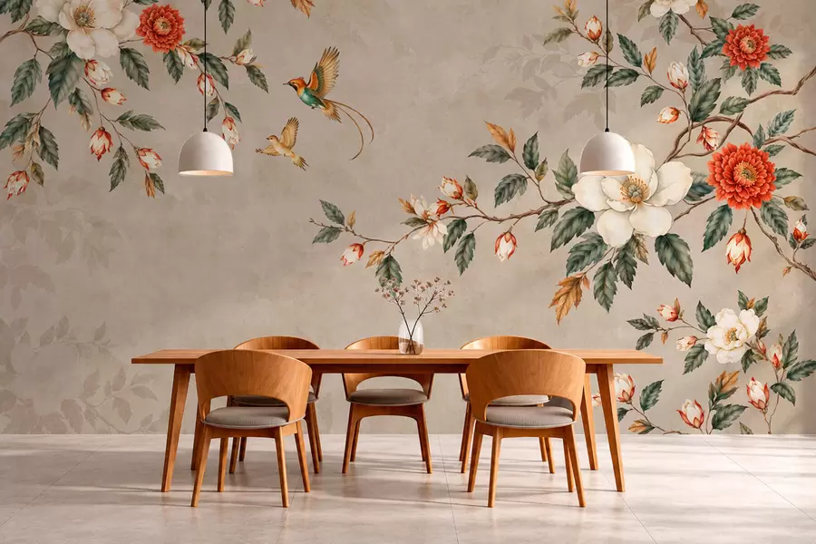 murales de pared Ramas en flor y dos pájaros sobre un fondo beige w05927v2
