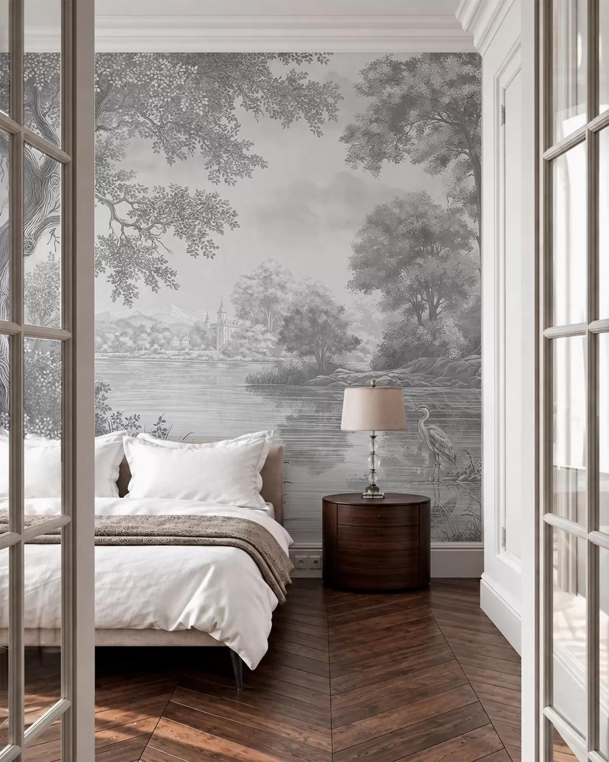 murales de pared Paisaje forestal gris con una garza junto al lago w05805v1