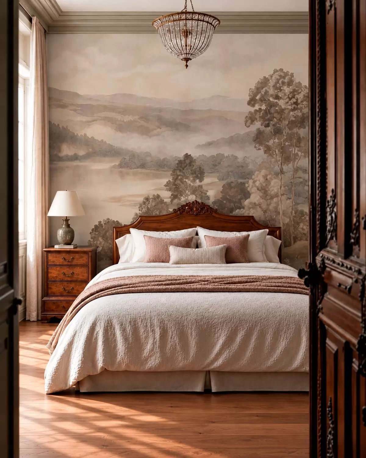 murales de pared Un lago rodeado de montañas boscosas en cálidos tonos pastel w05928v1