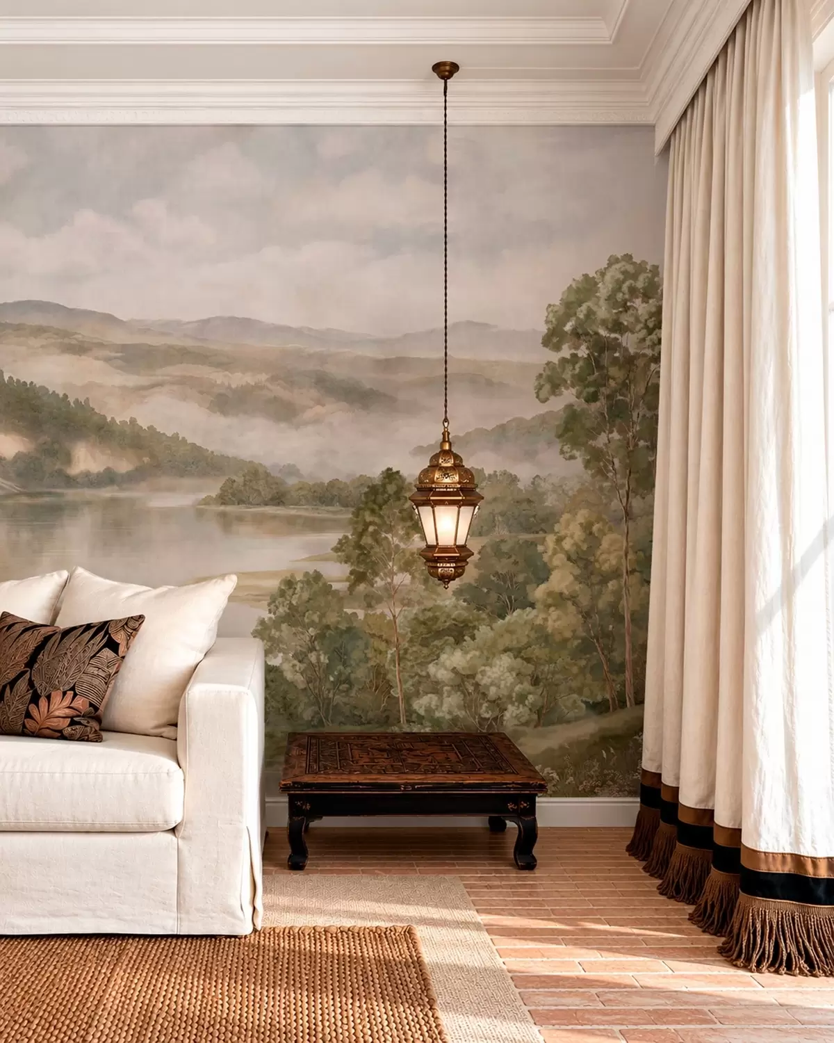 murales de pared Paisaje de montaña brumoso con un lago y árboles w05928v2