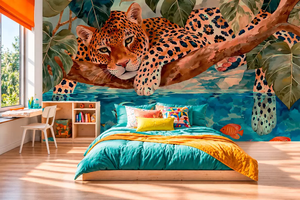 murales de pared Un leopardo entre hojas tropicales sobre el agua, junto a unos peces w05954v1