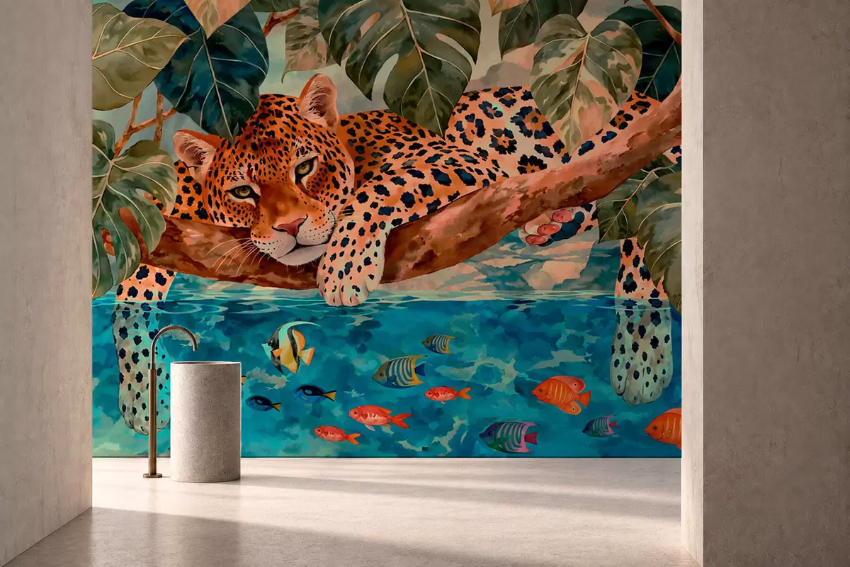 murales de pared Un leopardo entre hojas tropicales sobre el agua, junto a unos peces w05954v1
