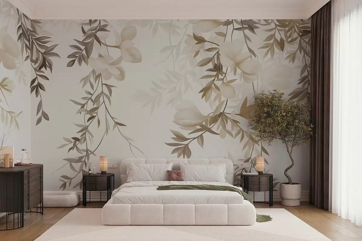 murales de pared Ramas de sauce colgantes y delicadas flores en tonos beige apagados w10081