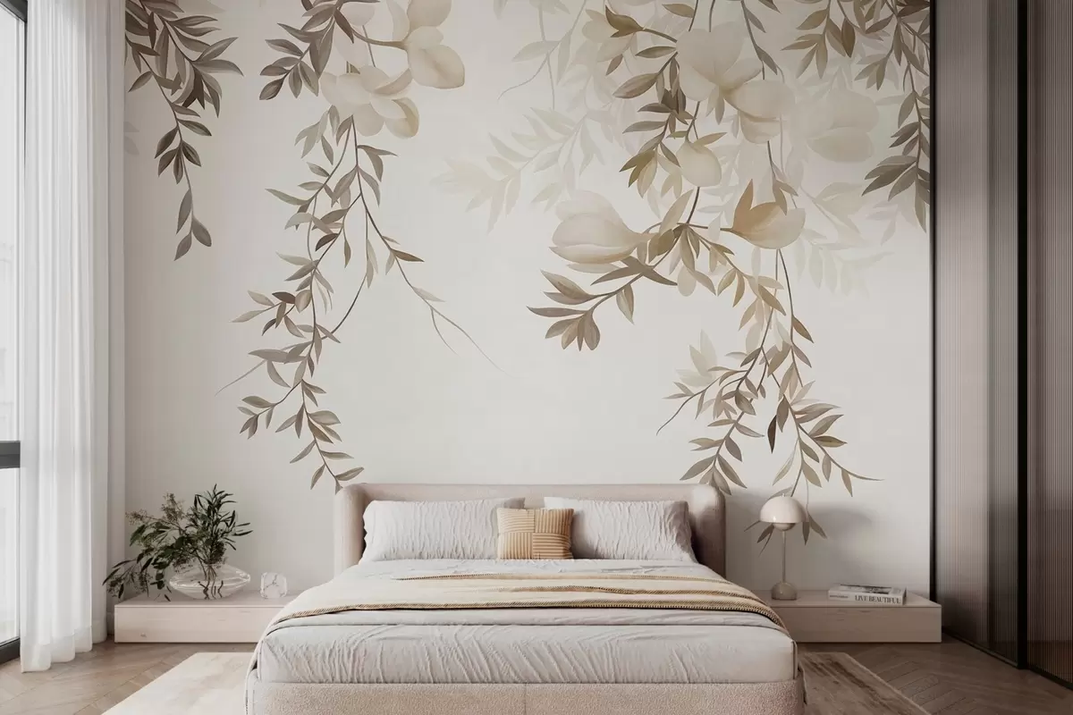 murales de pared Ramas de sauce colgantes y delicadas flores en tonos beige apagados w10081