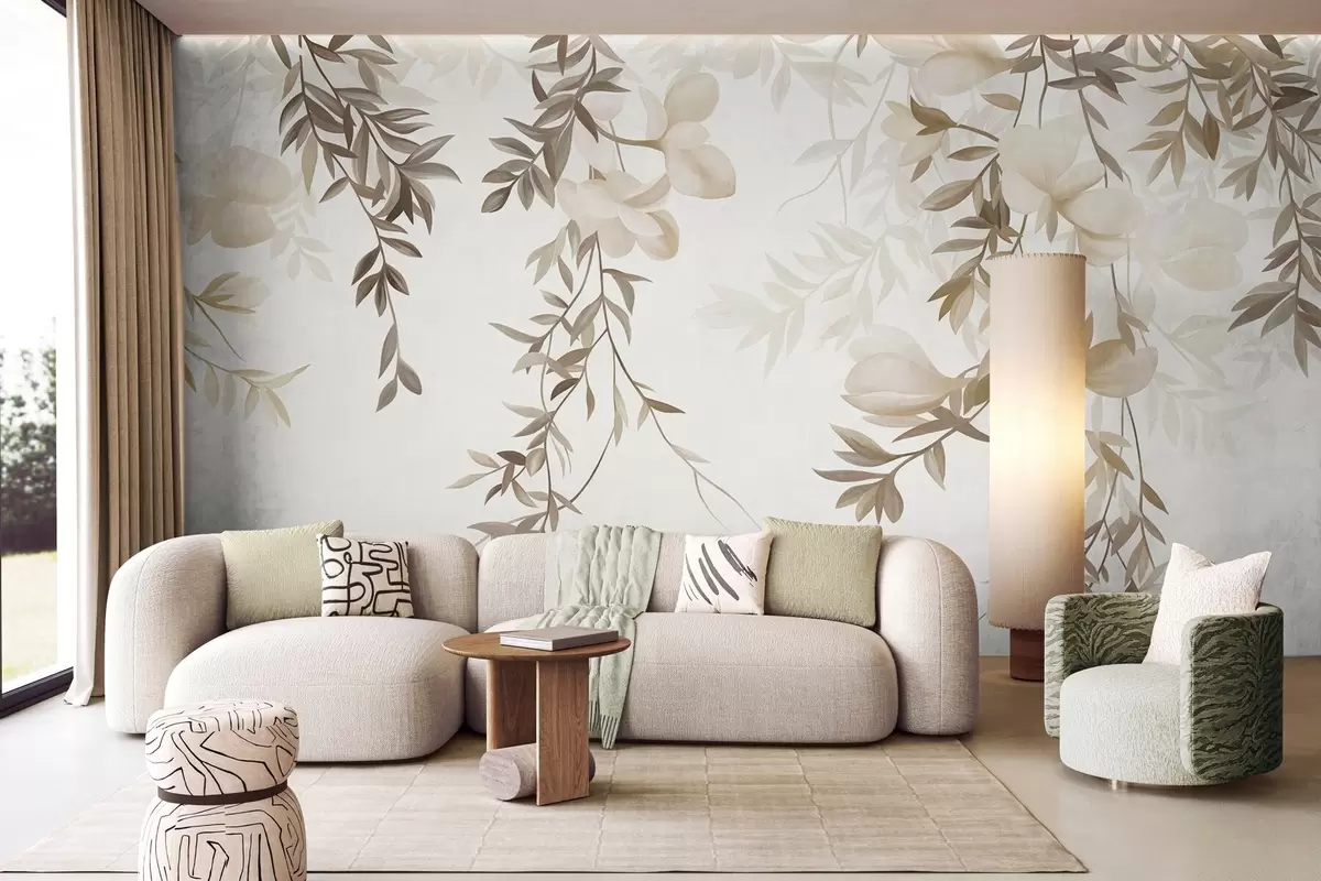murales de pared Ramas de sauce colgantes y delicadas flores en tonos beige apagados w10081