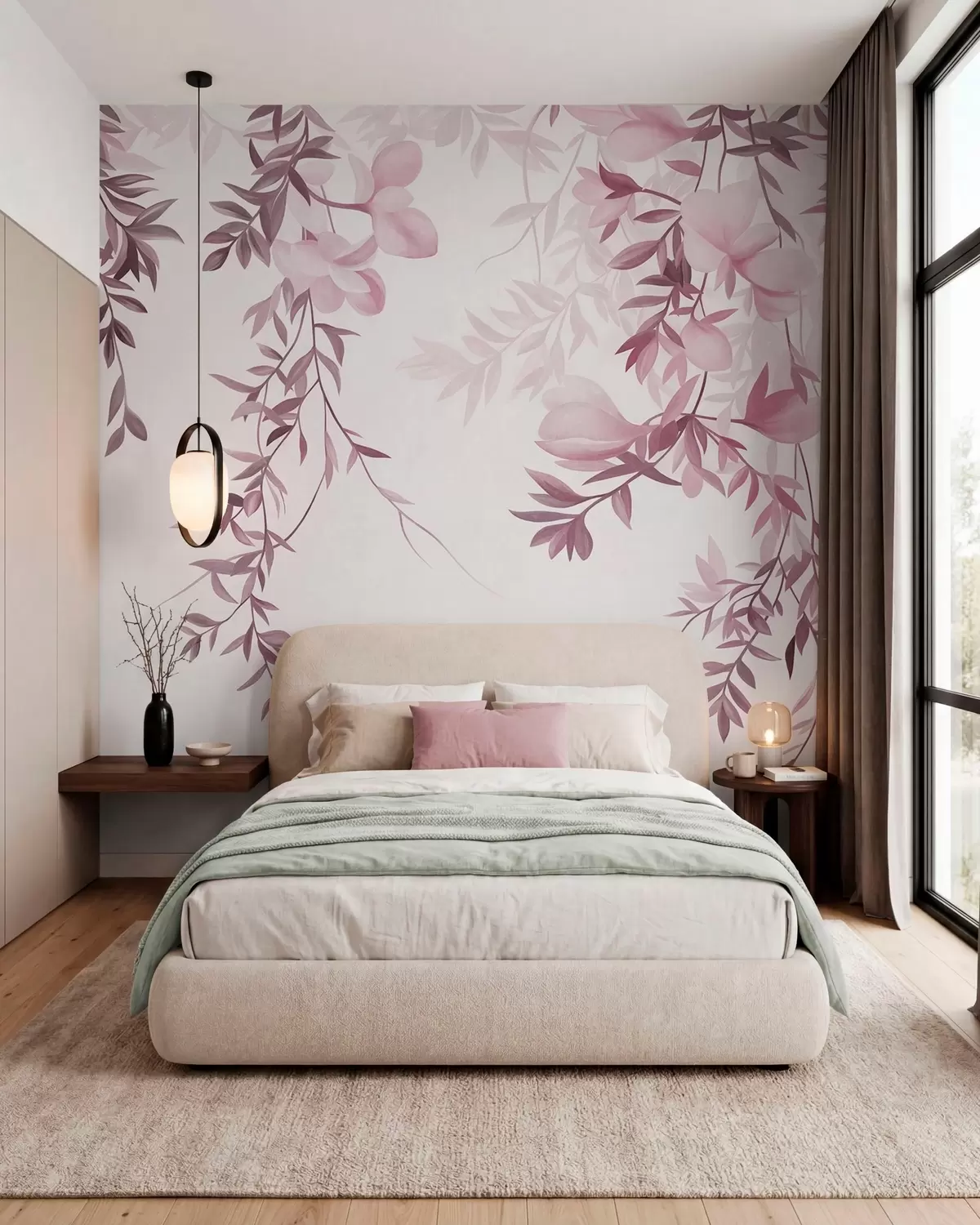 murales de pared Ramas de sauce colgantes y delicadas flores en tonos rosas apagados w10081v1
