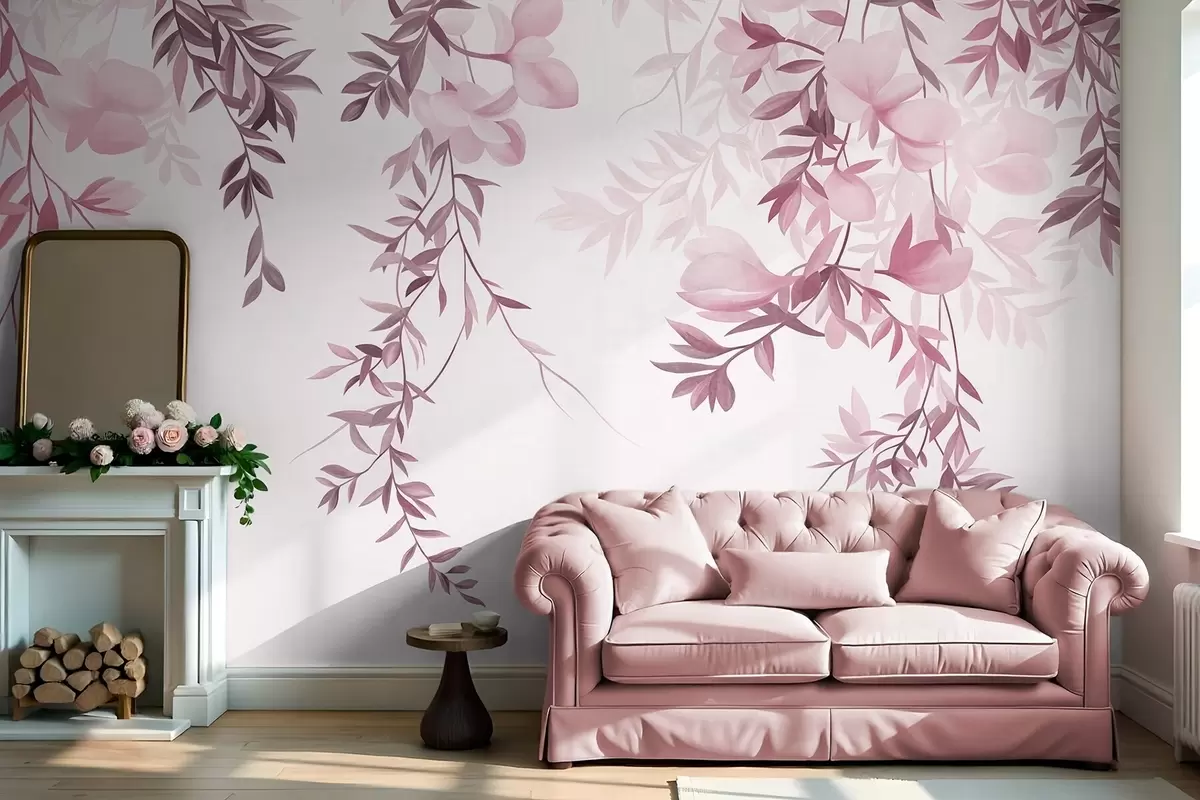 murales de pared Ramas de sauce colgantes y delicadas flores en tonos rosas apagados w10081v1
