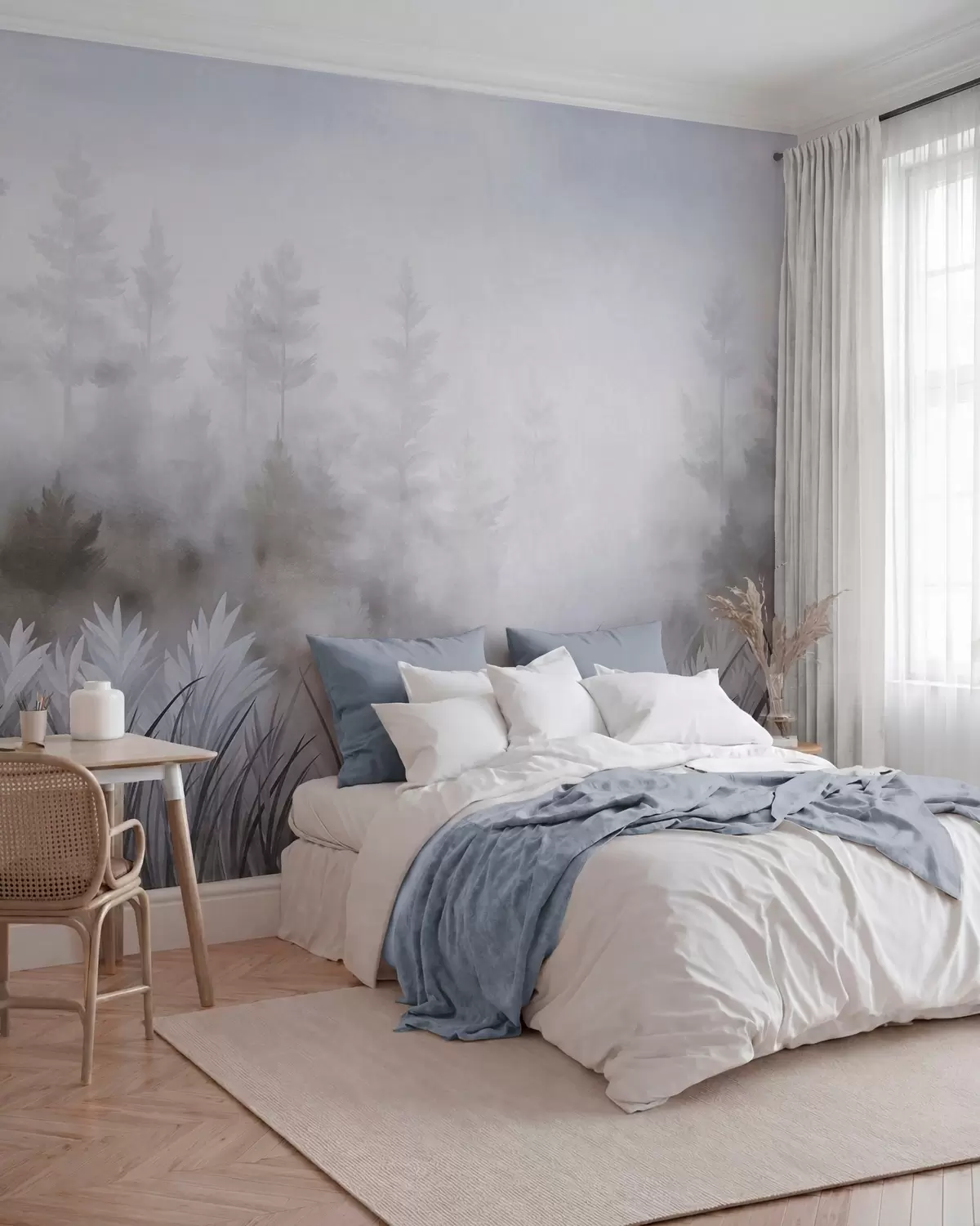 murales de pared Paisaje con hierba alta silvestre y un bosque de pinos, en un estilo minimalista con textura w10082v1