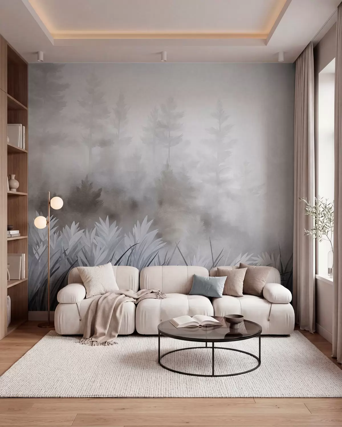 murales de pared Paisaje con hierba alta silvestre y un bosque de pinos, en un estilo minimalista con textura w10082v1