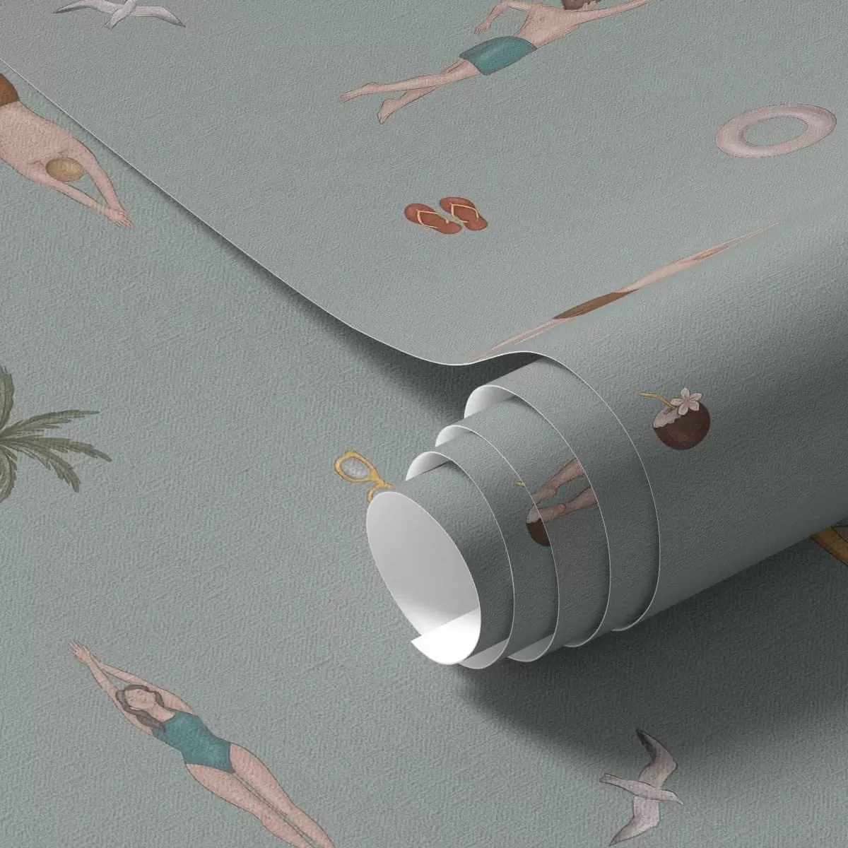 Papel pintado Nadadores, palmeras y accesorios de playa sobre un fondo verde salvia a01276v1