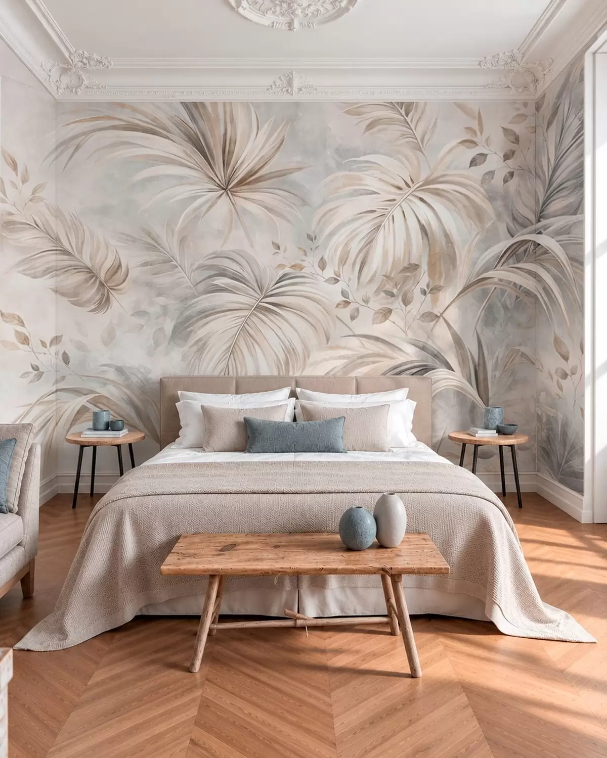 murales de pared Follaje tropical en suaves tonos beige y grises w05956