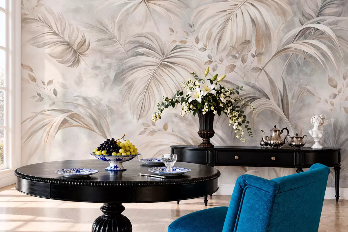 murales de pared Follaje tropical en suaves tonos beige y grises w05956