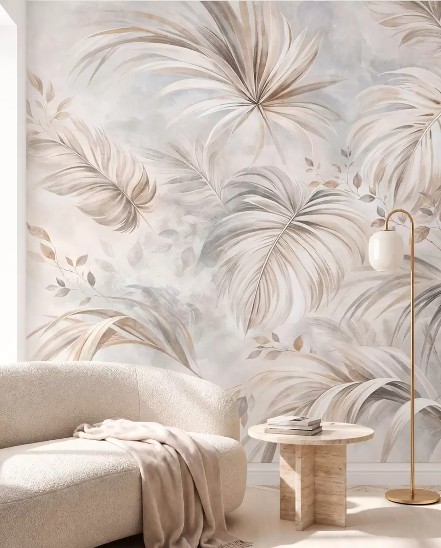 murales de pared Follaje tropical en suaves tonos beige y grises w05956