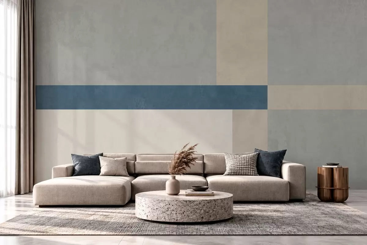 murales de pared Bloques geométricos en tonos grises y beige con una raya azul w05891v1