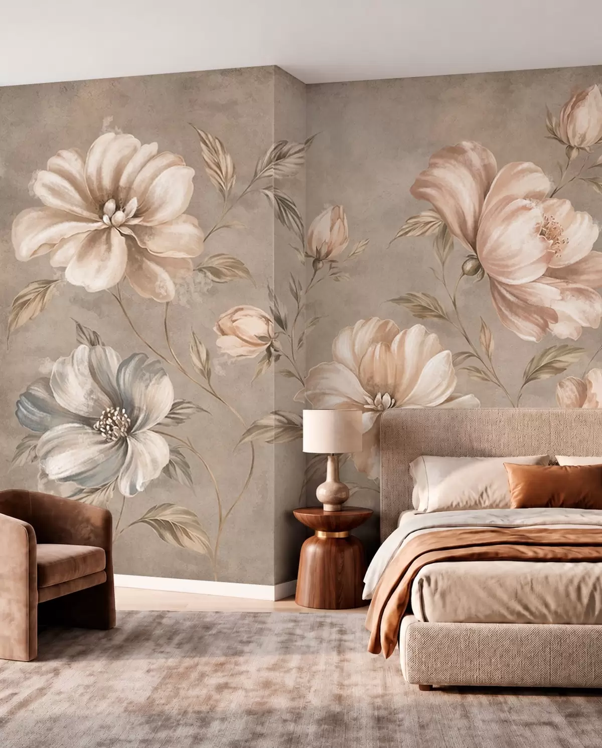 murales de pared Grandes flores de color crema y beige con hojas w05958