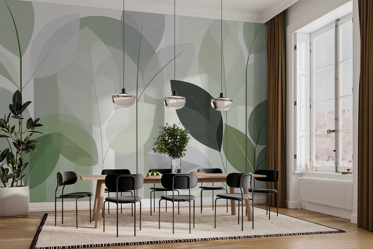 murales de pared un diseño abstracto con hojas en un estilo de tejido mate en tonos verdes w05986v1