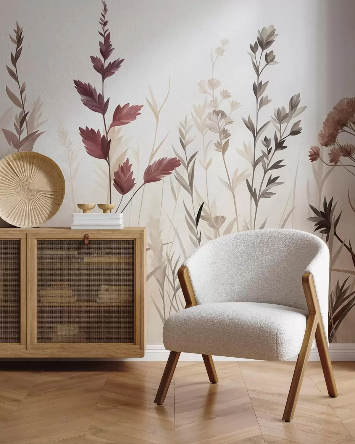 murales de pared Hierbas silvestres altas y flores silvestres en tonos tierra apagados, estética minimalista w10084