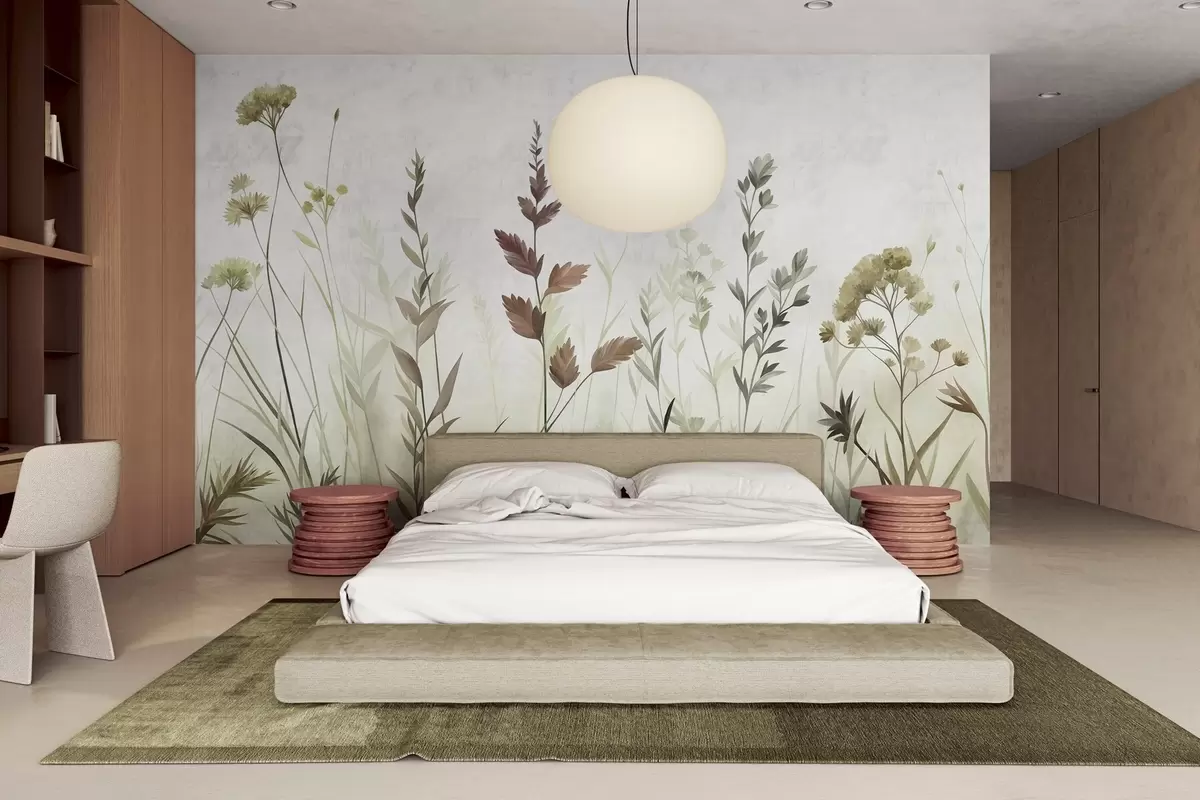 murales de pared Hierbas silvestres altas y flores silvestres en tonos verdes apagados, estética minimalista w10084v1
