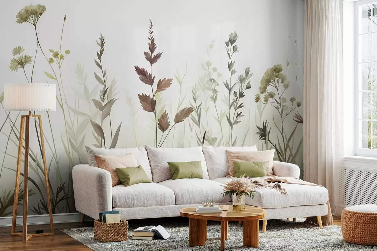 murales de pared Hierbas silvestres altas y flores silvestres en tonos verdes apagados, estética minimalista w10084v1